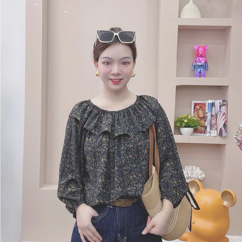 碎花上衣女长袖时尚气质显瘦春季减龄宽松印花荷叶边复古秋季小衫