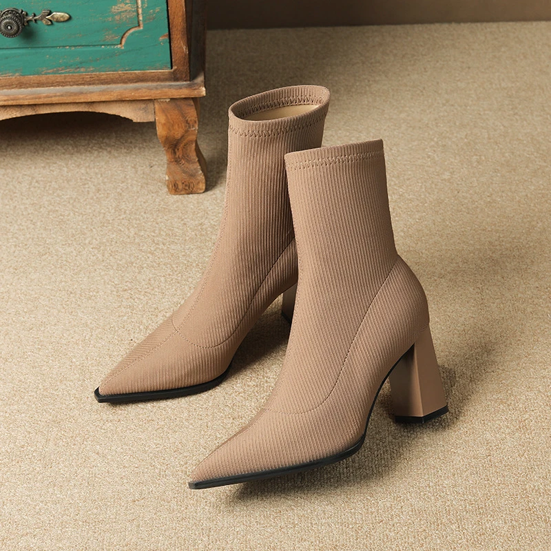 【JOYOUS】纯手工女靴针织袜粗跟尖头小个子高跟短靴弹力秋冬季新款