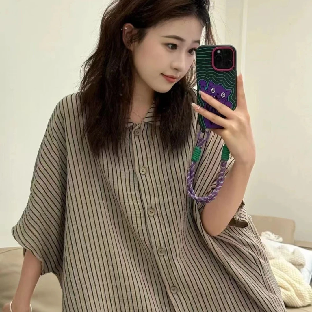 新款慵懒风宽松显瘦条纹五分袖短裤纯棉纱布休闲可外穿家居服套装