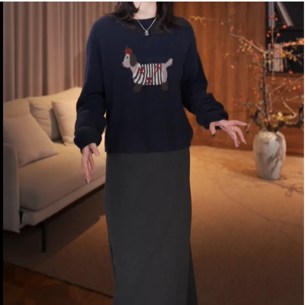 【减龄TOP】腊肠小狗针织衫女秋季减龄长袖毛衣上衣女-DNH71739