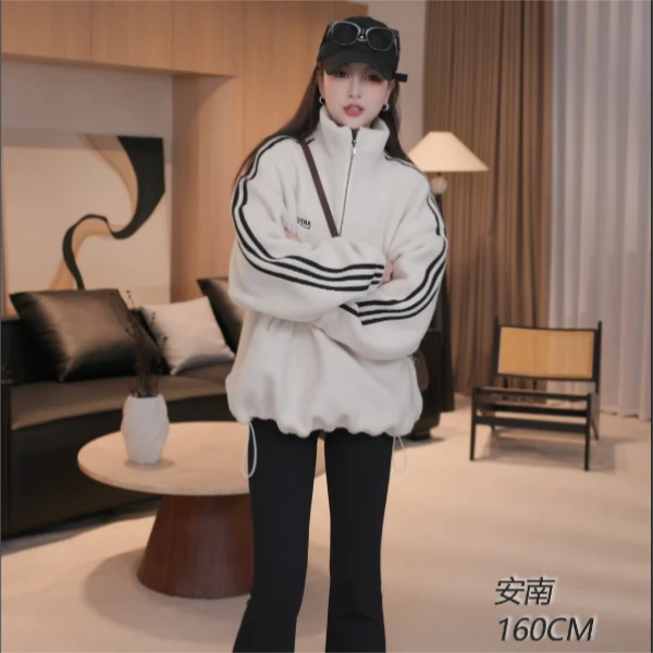 西雅图未眠冬季新款宽松时尚刺绣字母半拉链立领加绒卫衣YAL0076