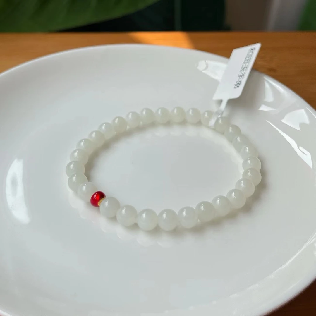 米达料和田玉圆珠约6mm搭珐琅足金配件手串