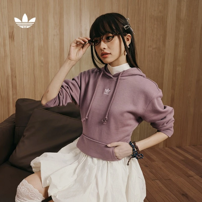 阿迪达斯三叶草 女款舒适抓绒运动连帽卫衣套头衫 adidas HJ7858