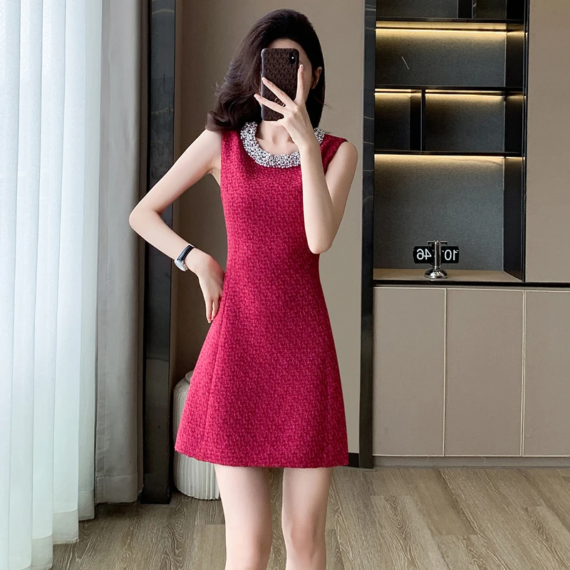 小香风红色无袖背心连衣裙女夏季高级感重工名媛法式气质显瘦短裙