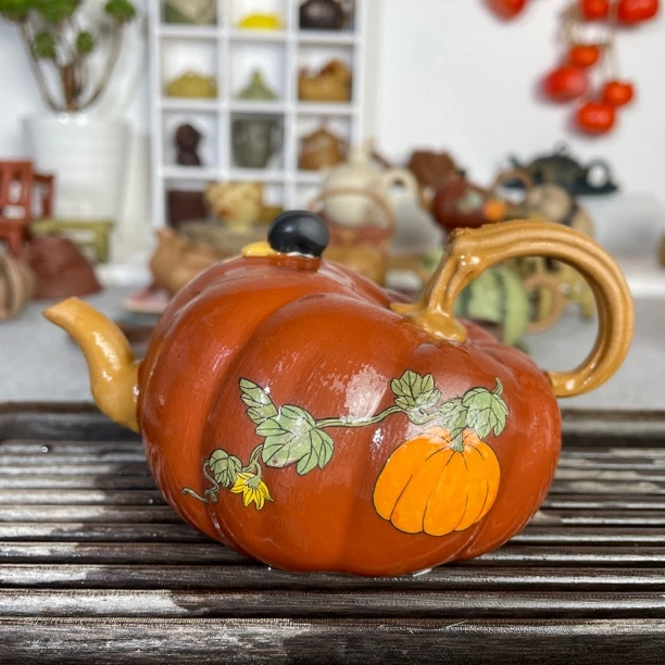 宜兴南瓜紫砂壶歪南瓜泥绘仿生器花器内推球孔大容量约270毫升