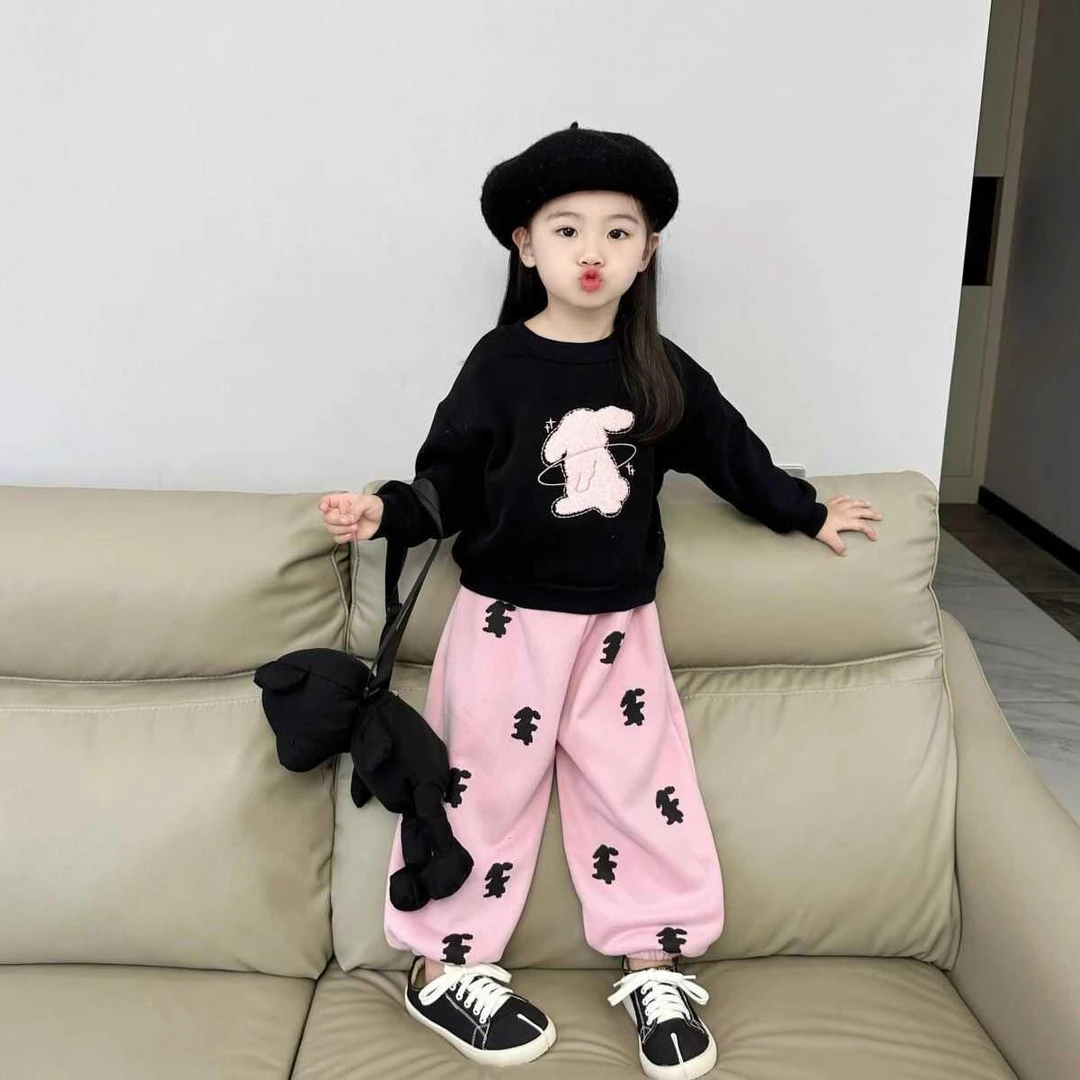 女童秋装套装24新款韩系洋气可爱兔子套头卫衣女宝粉色卫裤两件套