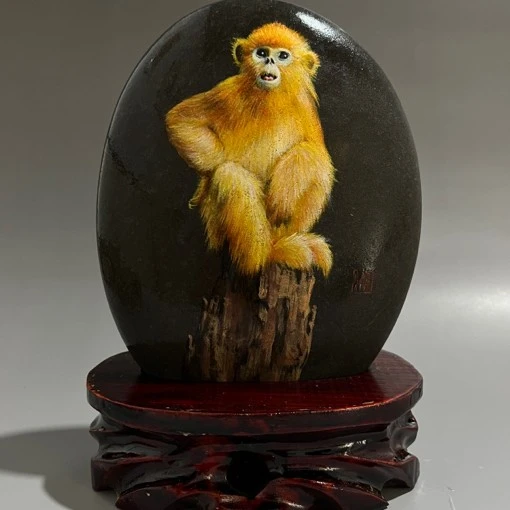 石头小哥纯手绘生肖猴子17公分创意工艺品摆设纯手工石头画精品