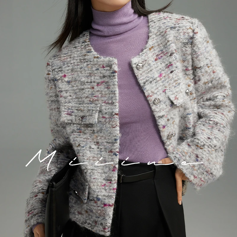 Miiine法式时髦 嵿亟小香同款面料彩色马海毛圈圈纱圆领小香外套
