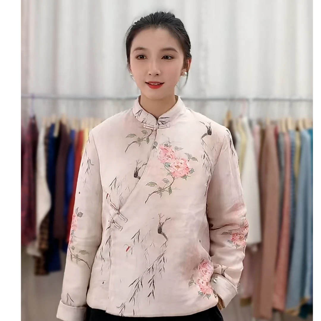 冬季加绒加厚保暖中式国风棉服苎麻印花复古文艺立领斜襟棉衣
