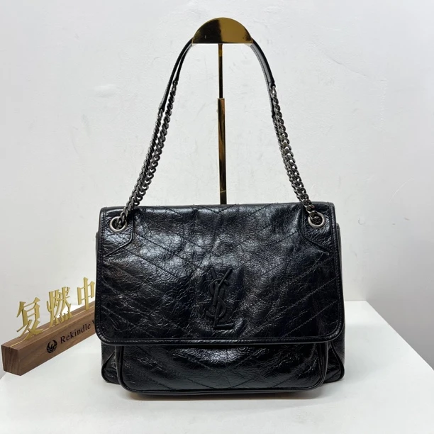 95新 YSL/圣罗兰 复燃精选/圣罗兰 黑色油蜡皮大号niki