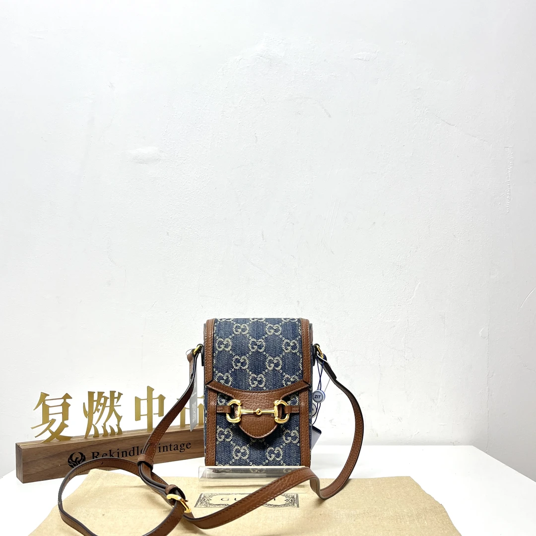 99新 GUCCI/古驰 复燃精选/古驰 1955丹宁老花马衔扣手机斜挎包