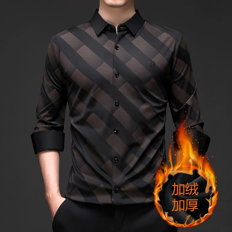 冬季新款男士加绒加厚保暖衬衫时尚休闲格纹衬衣抗皱免烫无痕衬衫