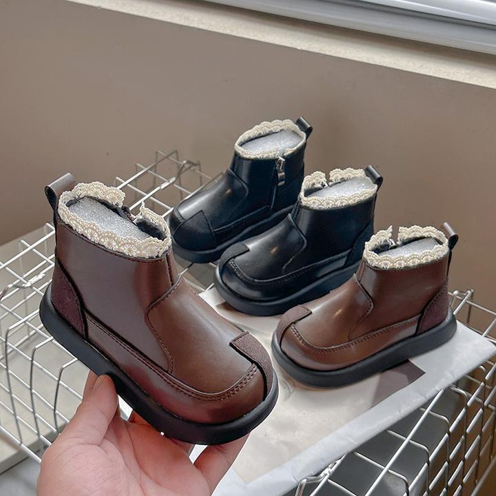 21-35码中大小童女童加绒二棉蕾丝边薄绒秋冬软底棉靴短靴马丁靴