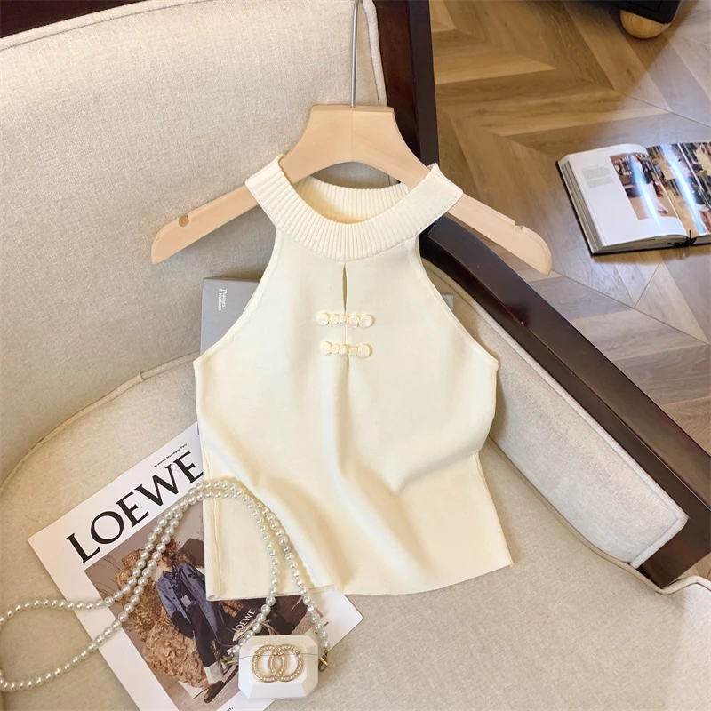 新中式纯色背心吊带女外穿修身显瘦夏季国风盘扣内搭无袖挂脖上衣