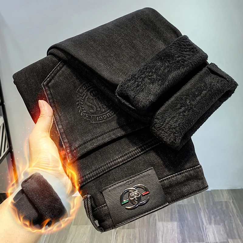 秋冬新款黑色加绒加厚牛仔裤男士潮牌高端宽松直筒简约休闲长裤