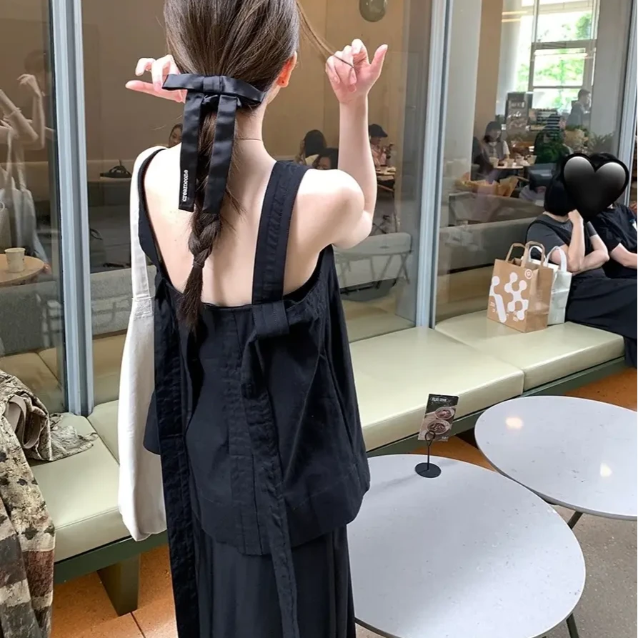 时尚百搭无袖绑带露背背带背心女夏季宽松显瘦亚麻高腰休闲阔腿裤