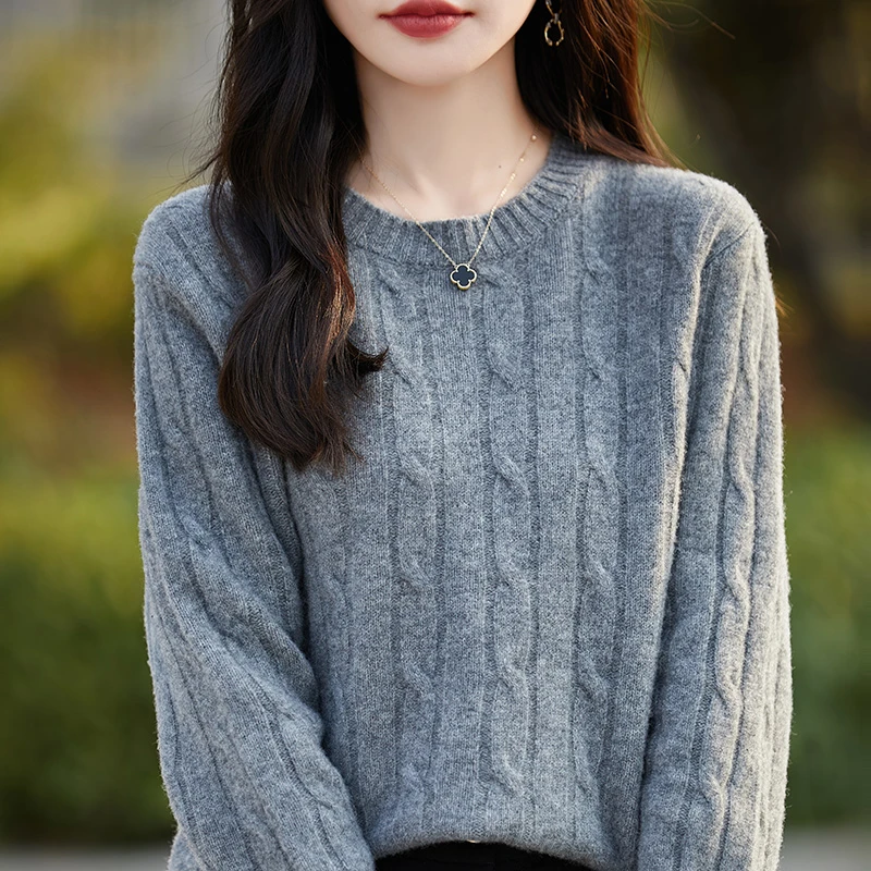 纯羊毛圆领毛衣针织衫女式羊毛衫外穿内搭麻花提花长袖洋气百搭