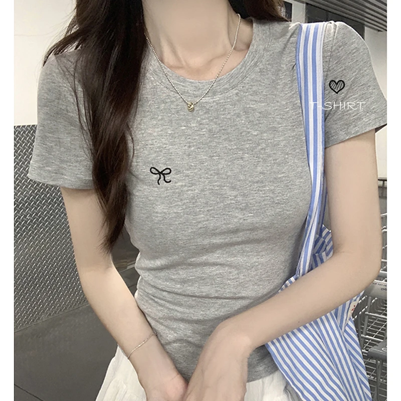 圆领短袖正肩T恤女夏季韩系别致百搭休闲灰色上衣蝴蝶结刺绣