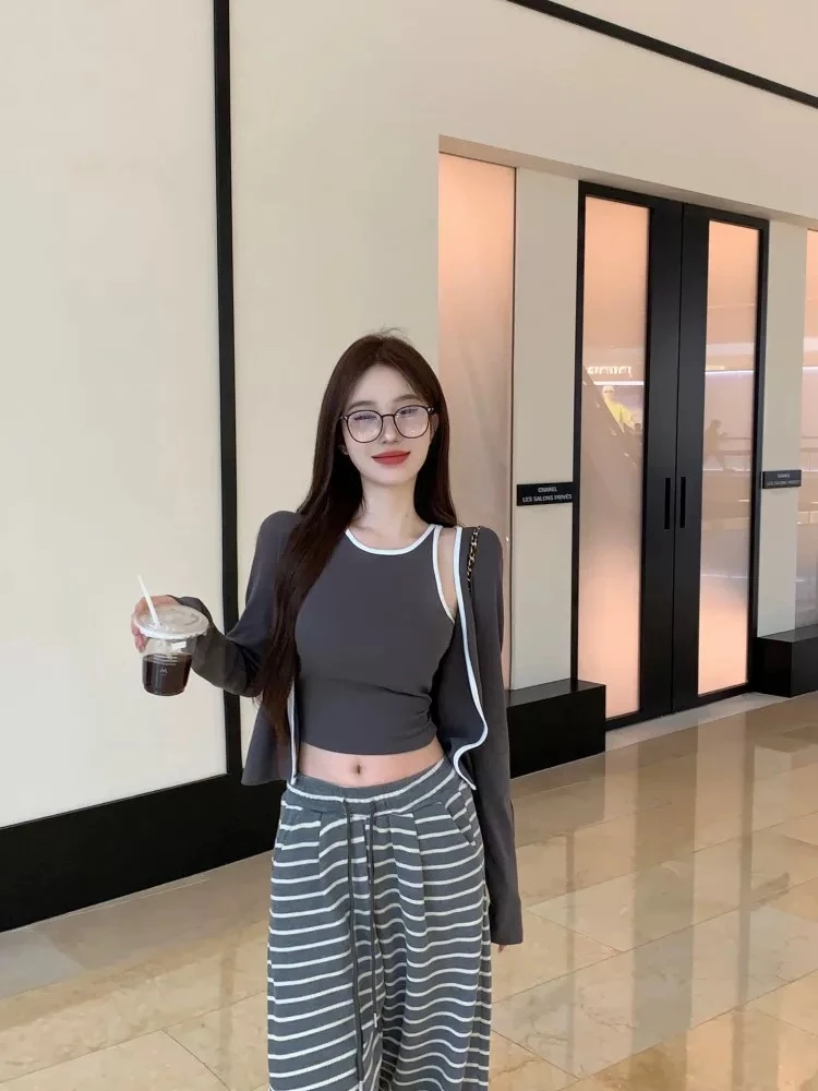 2024新款秋季辣妹吊带长袖开衫上衣套装两件套001