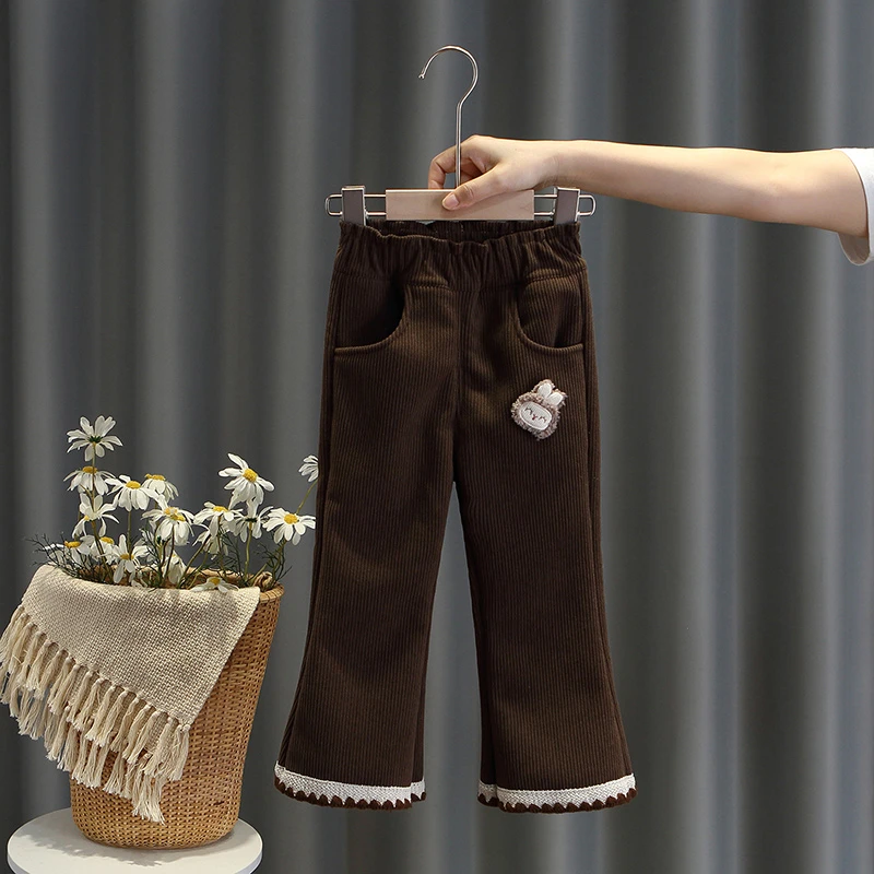 女童加绒加厚裤子秋冬新款儿童灯芯绒中小童洋气微喇长裤宝宝外穿