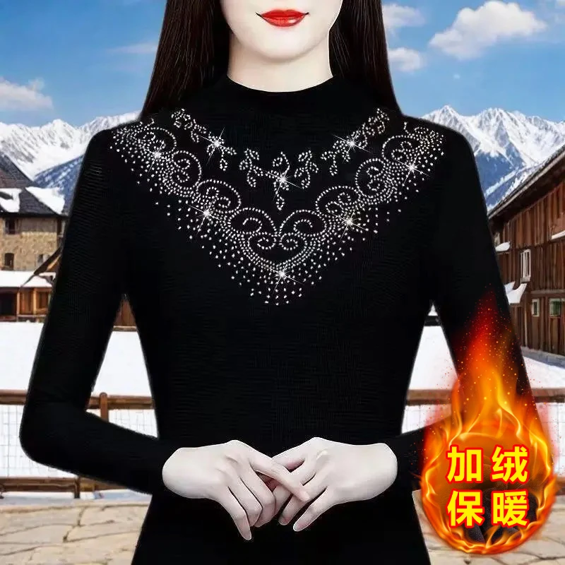 加绒保暖秋冬打底衫黑色半高领上衣大码遮肚子气质长袖减龄小衫女