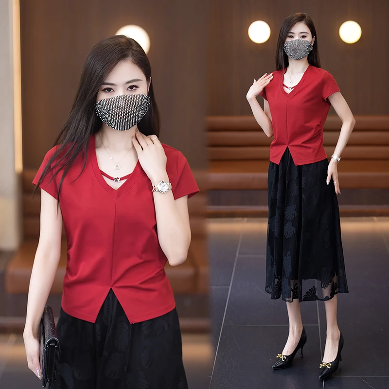 2024夏季新款v领显瘦短袖洋气时尚百搭设计感小众不规则气质上衣