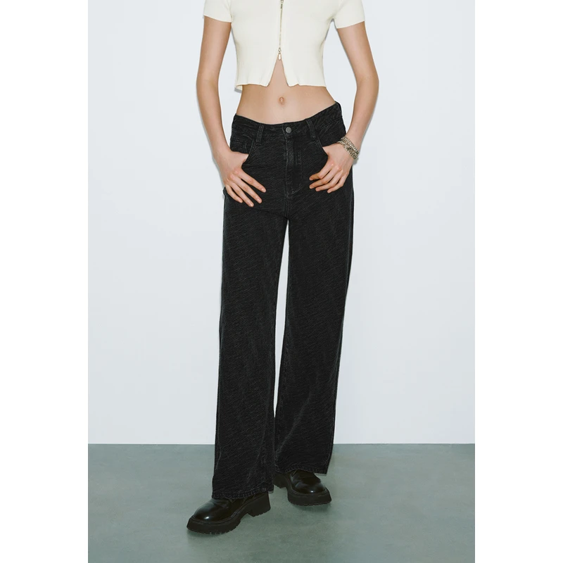 UR秋季新款女装潮流街头百搭提花阔腿牛仔长裤UWV840220