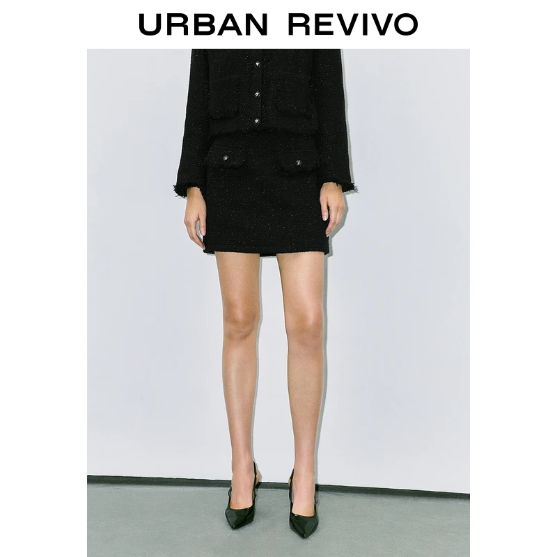 UR冬季新款女装小香气质细闪须边高腰直筒半裙UWM840092