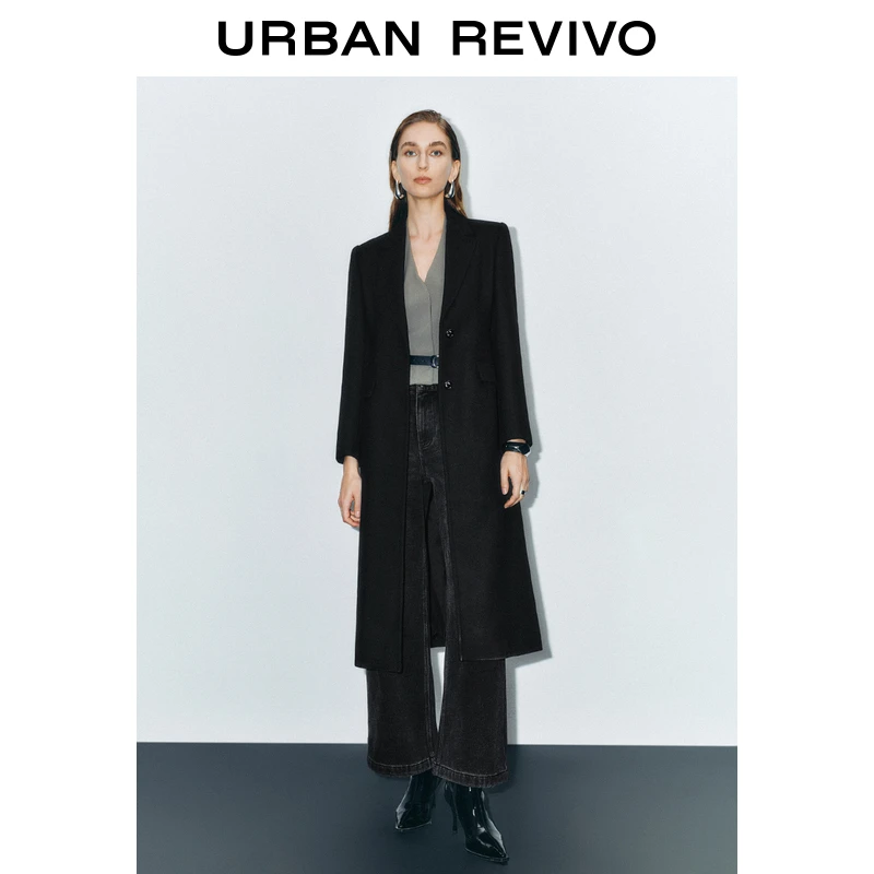 UR冬季新款女装高智感气质平驳西装领长款大衣UWM140027