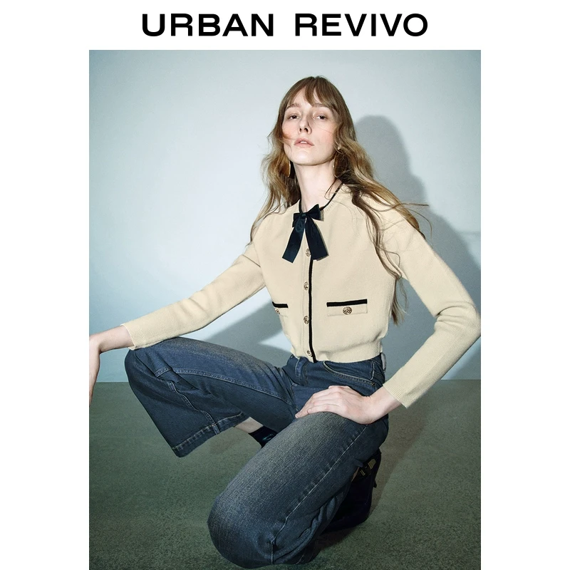 UR2024秋冬新款女装气质学院风蝴蝶结软糯针织开衫UWG940338+