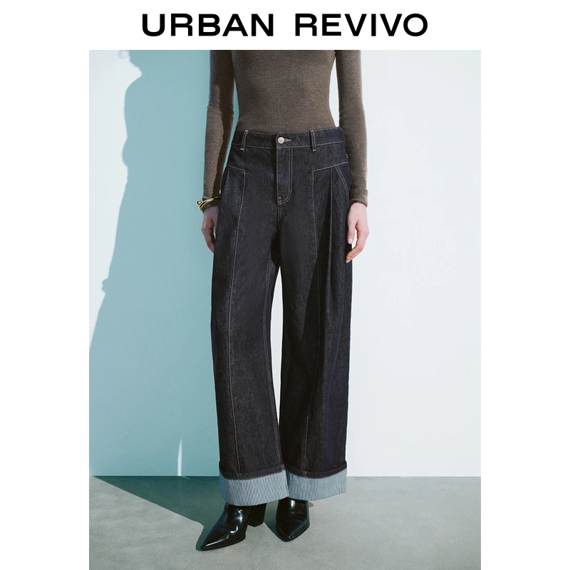 UR女装慵懒松弛撞色条纹卷边牛仔长裤UWH840132