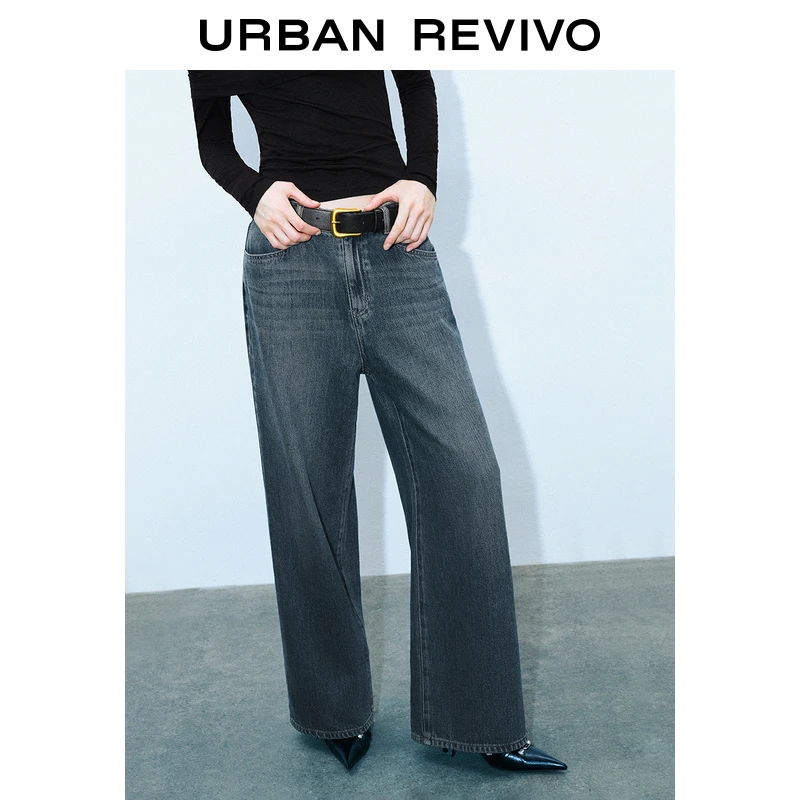 UR女装复古做旧磨白宽松直筒牛仔长裤UWJ840082