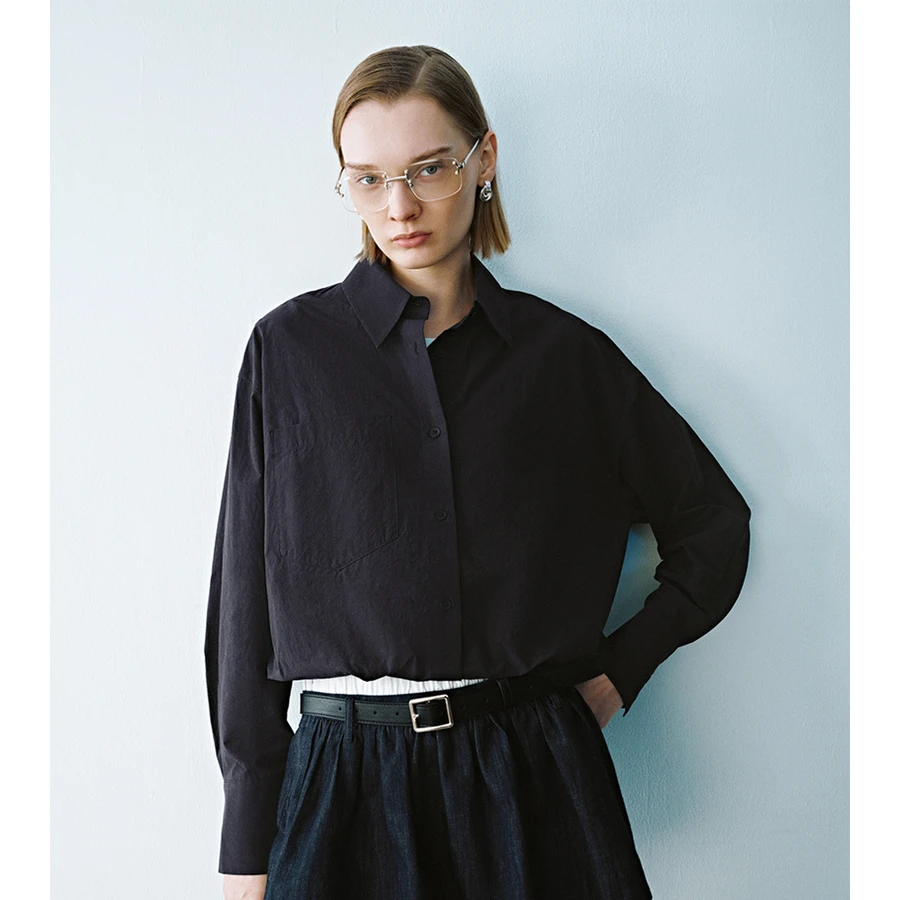 UR女装纯色短款宽松廓形长袖罩衫衬衫UYY240018