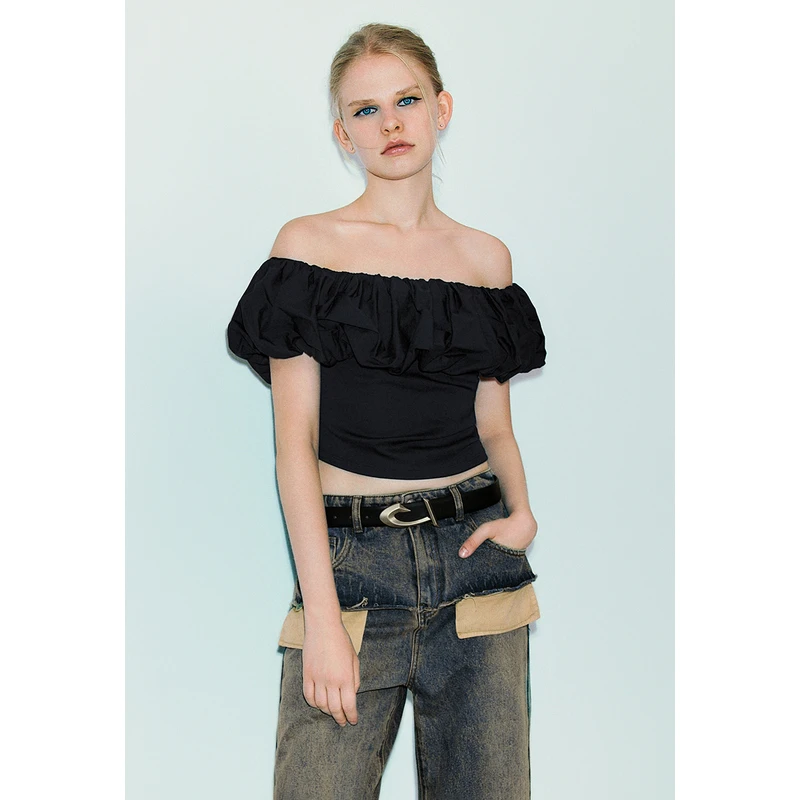 UR女装氛围感褶皱一字领露肩无袖T恤UYV440029