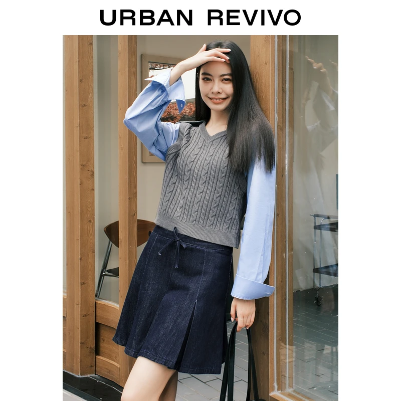 UR女装时髦复古压褶高腰短款牛仔半裙UYY840062