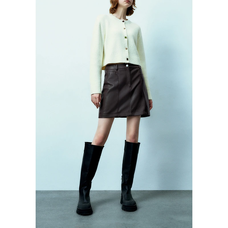UR秋冬新款女装时尚复古港风氛围质感百搭皮质半裙UWU530045