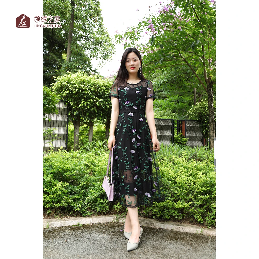 蕾丝绣花连衣裙台湾装妈妈装#L700710H1-14修身优雅时尚夏季气质