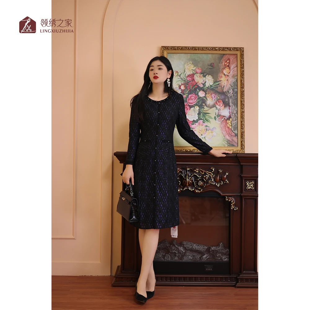 蕾丝绣花连衣裙碎花妈妈装#L800731H-03时尚洋气显瘦连衣裙气质