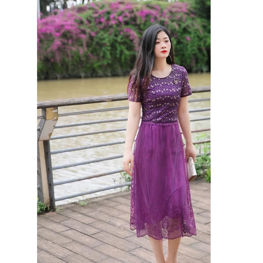 蕾丝绣花连衣裙碎花妈妈装#YB02637H-17夏季洋气显瘦气质连衣裙