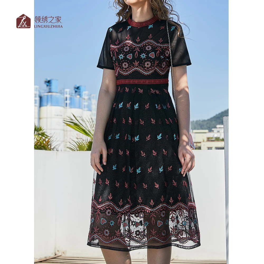 蕾丝绣花连衣裙碎花妈妈装#YB01692H-03时尚洋气超显瘦气质连衣裙