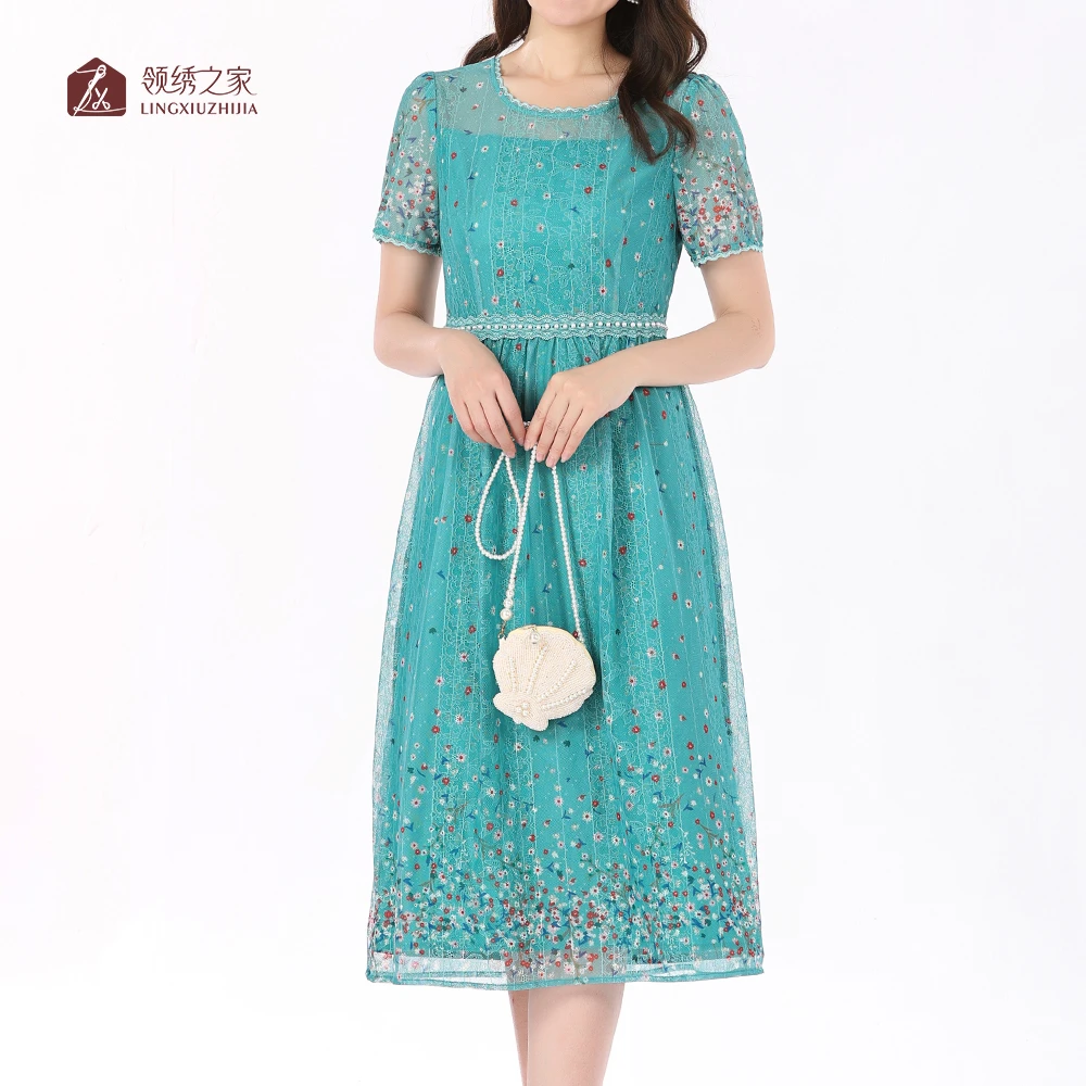 蕾丝绣花连衣裙碎花妈妈装#YB03612H-124时尚洋气超显瘦连衣裙