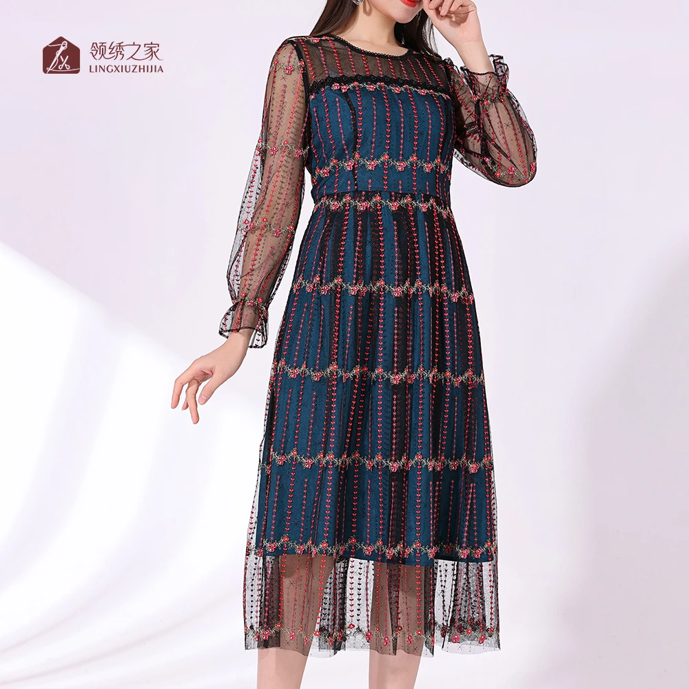 蕾丝绣花连衣裙碎花妈妈装#YA78601H-106时尚洋气显瘦气质休闲