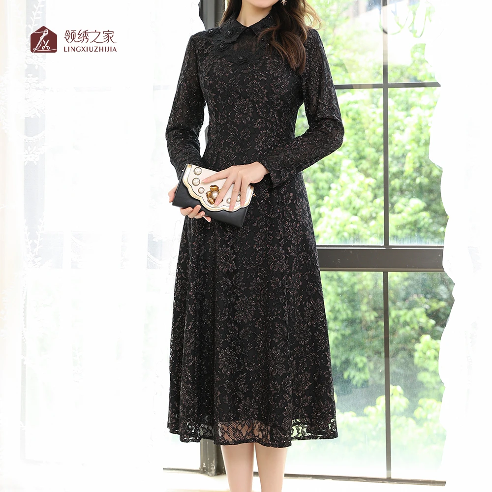 蕾丝绣花连衣裙碎花妈妈装#YC02712H-03时尚洋气超显瘦气质连衣裙