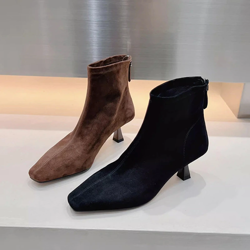 UHCK女鞋2025秋冬新款磨砂短筒后拉链方头细跟及裸靴时尚高跟短靴