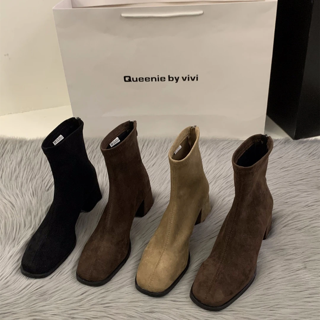 UHCK高跟方头瘦瘦短靴女鞋2025年秋冬季加绒韩系小踝靴马丁靴子