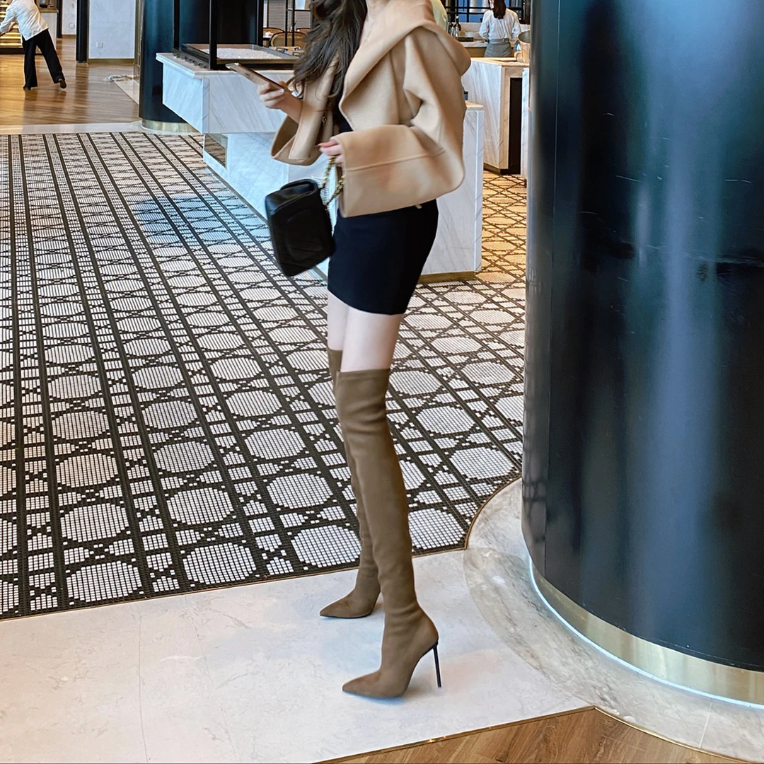 UHCK欧美过膝长靴女秋冬爆款洋气尖头高筒细跟高跟鞋棕色弹力瘦瘦