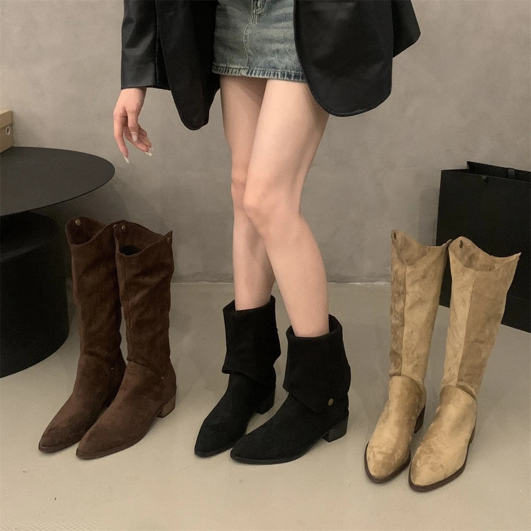 UHCK粗跟卡其色堆堆靴中筒长靴女鞋2024新款春秋冬季绒面瘦瘦长筒