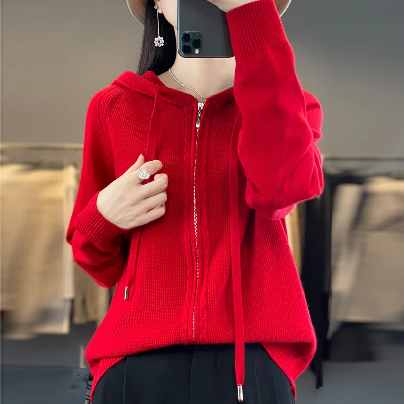 双拉链长袖连帽针织开衫女短外套毛衣宽松休闲纯色洋气外毛衣上衣