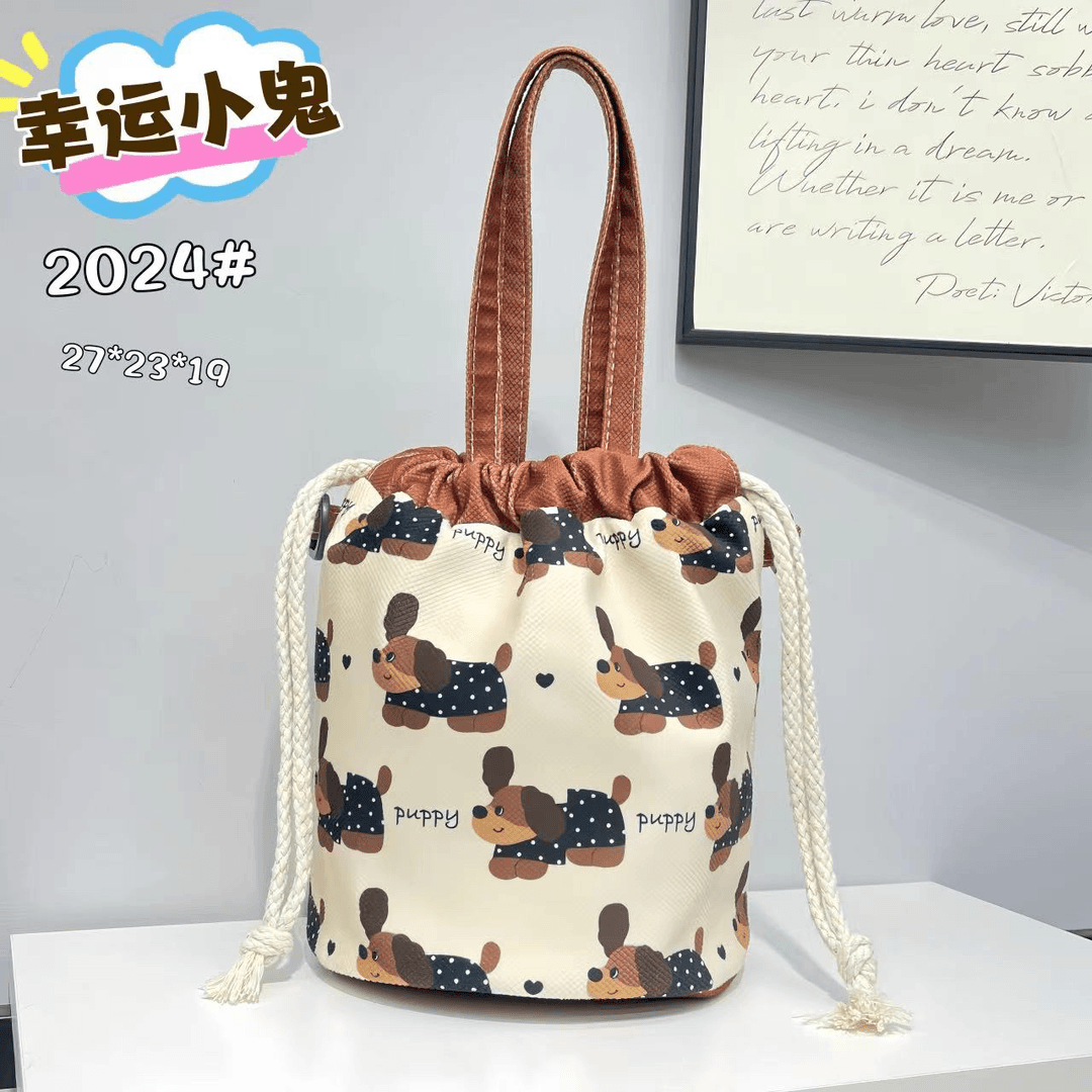 抽绳棉麻卡通手提斜挎水桶2024（可斜挎）