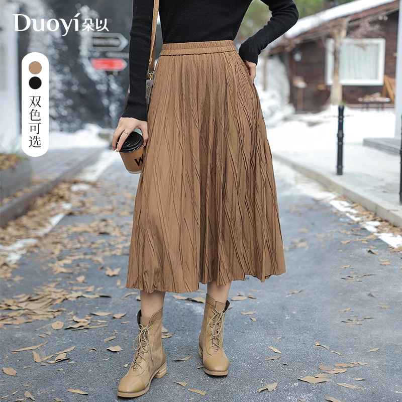 朵以2024冬季新款时尚优雅褶皱肌理半身裙A字裙大摆裙38DD635002